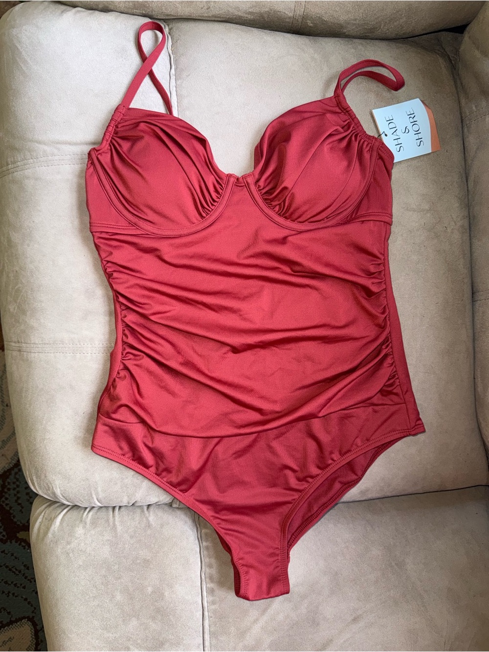 Shade & Shore Brick Red One-Piece Swimsuit with Underwire and Ruching NWT